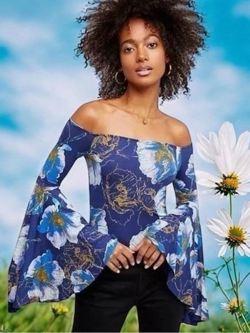 Free People We the Free Blue Floral Off the Shoulder Bell Sleeve Top Sz M